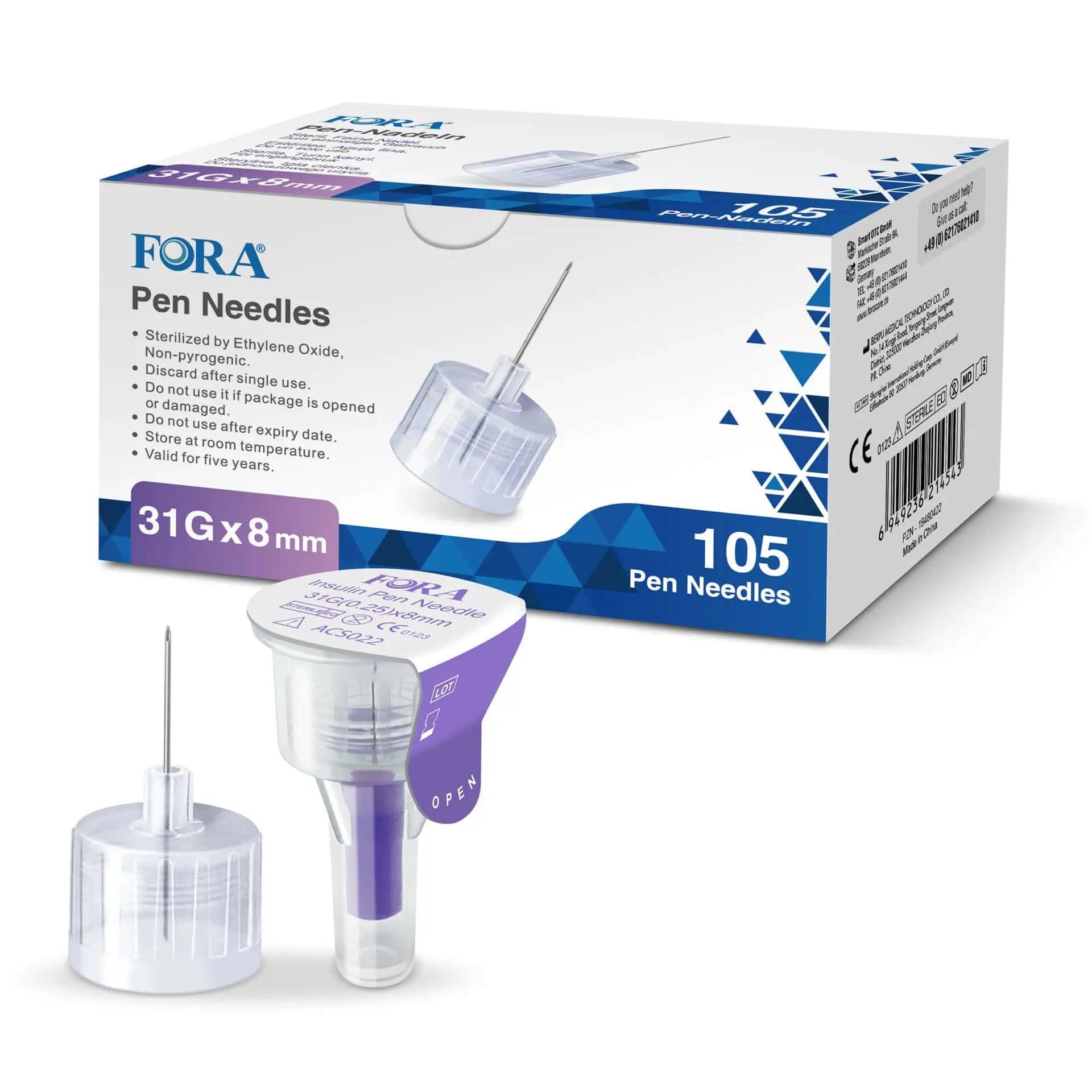 FORA Pennen naalden 31G x 8mm, 105 stuks. Steriel en individueel verpakt.