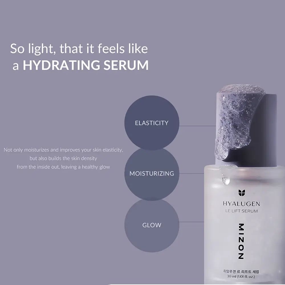 Serumfles met tekst. Tekst: HYALUGEN LE LIFT SERUM, MIZON. Cirkelvormige tekstvelden: Elasticity, Moisturizing, Glow.