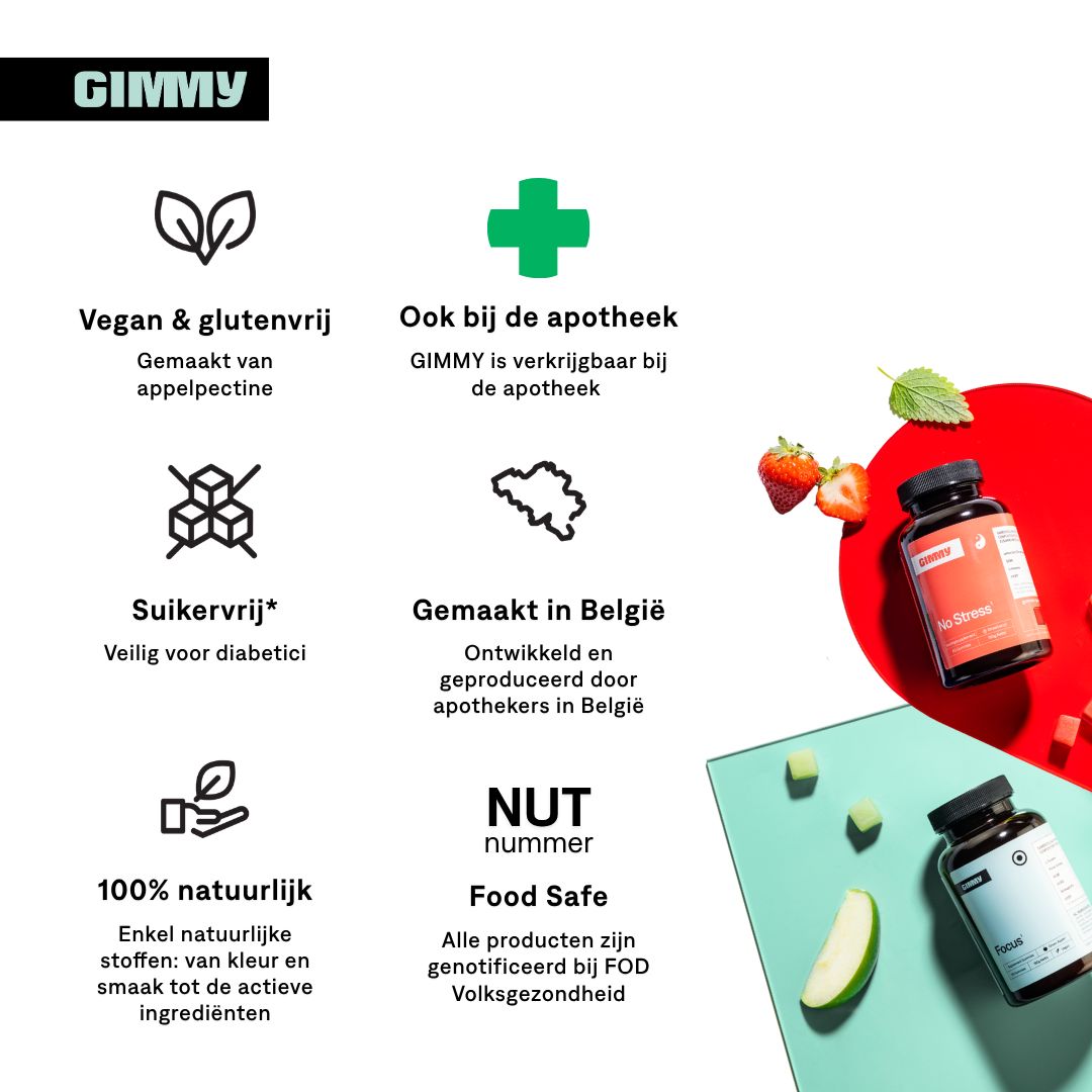 GIMMY-logo. Tekst: Vegan & glutenvrij, ook in de apotheek, suikervrij, gemaakt in België, 100% natuurlijk, Food Safe.