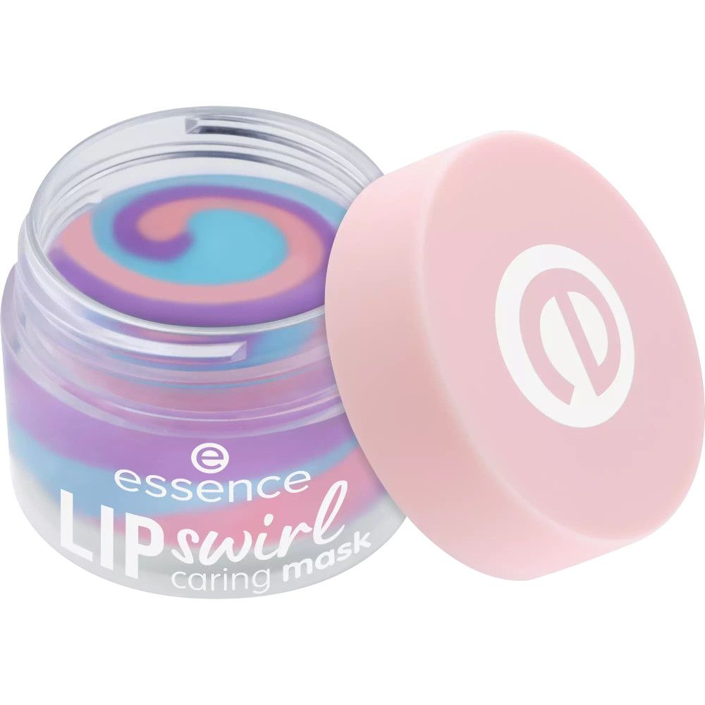 Pot ouvert avec masque pour les lèvres. Couvercle rose à côté. Masque avec des tourbillons colorés. Inscription: essence LIP swirl caring mask.
