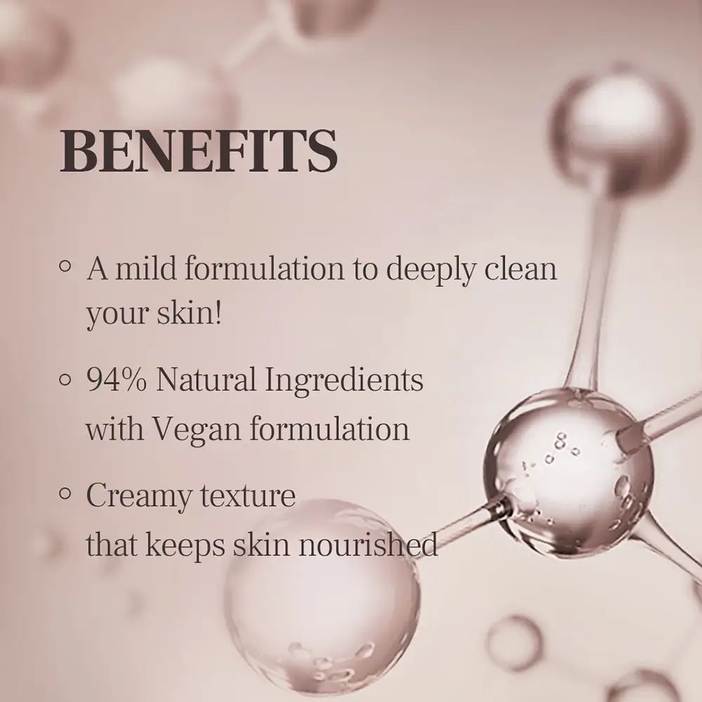 Tekst met voordelen: Milde formulering, reinigt diep, 94% natuurlijke ingrediënten, veganistische formulering, romige textuur.