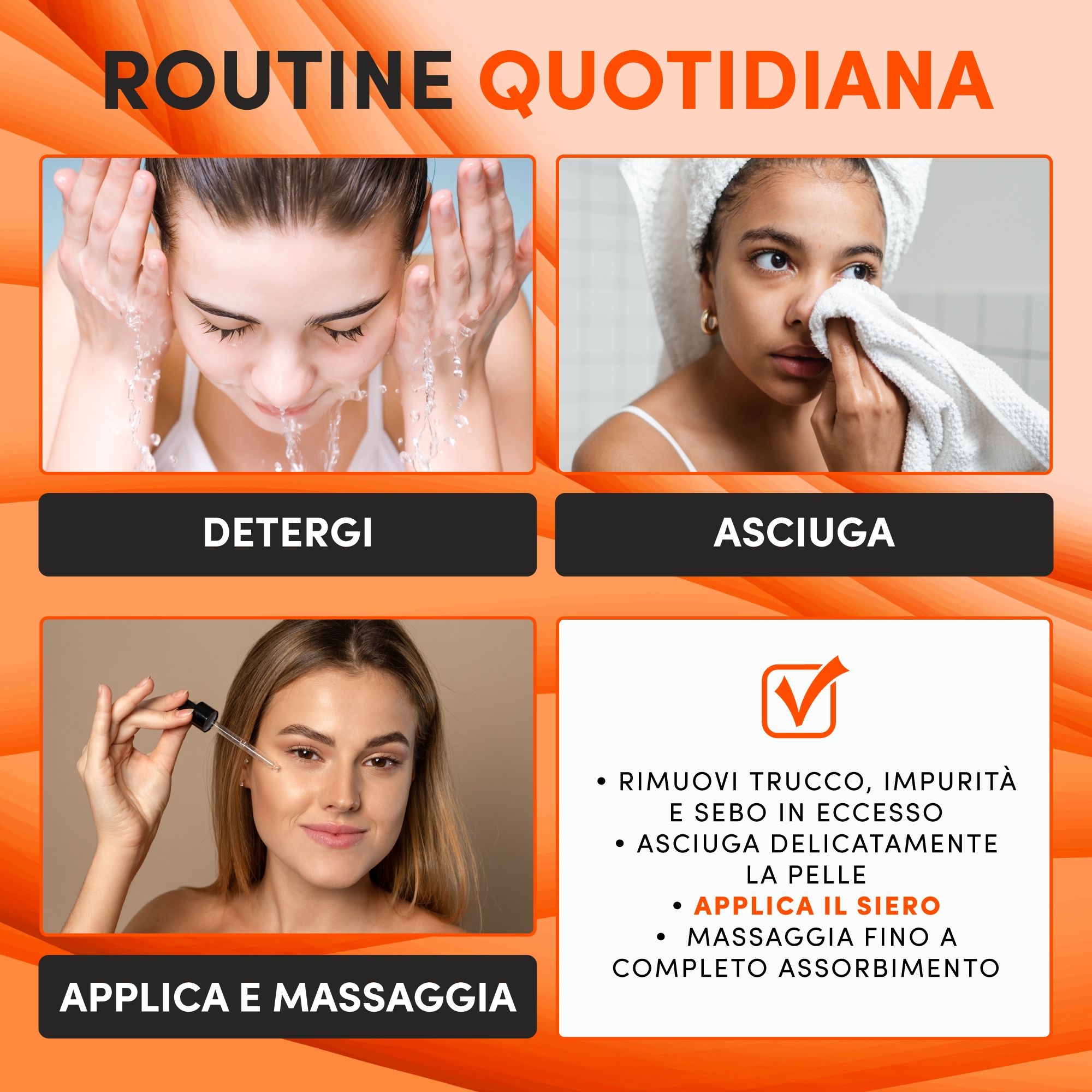 Toepassingsstappen: Reinigen, drogen, serum aanbrengen en inmasseren. Producttoepassing.