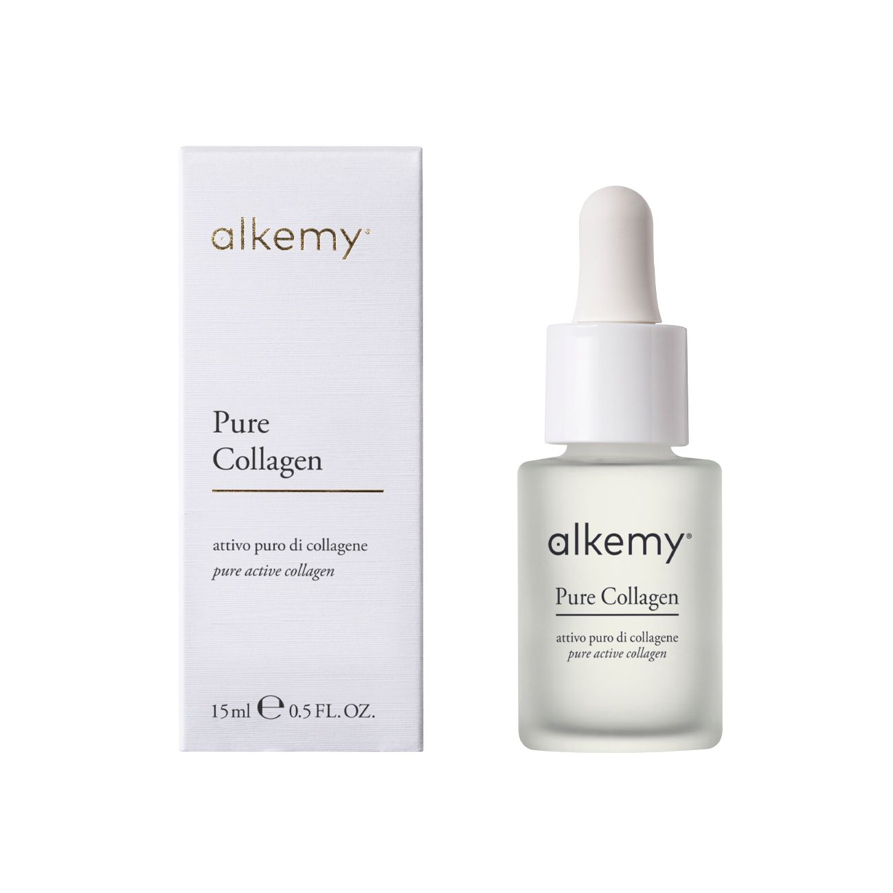 Een flesje Alkemy Pure Collagen serum en de bijbehorende verpakking.