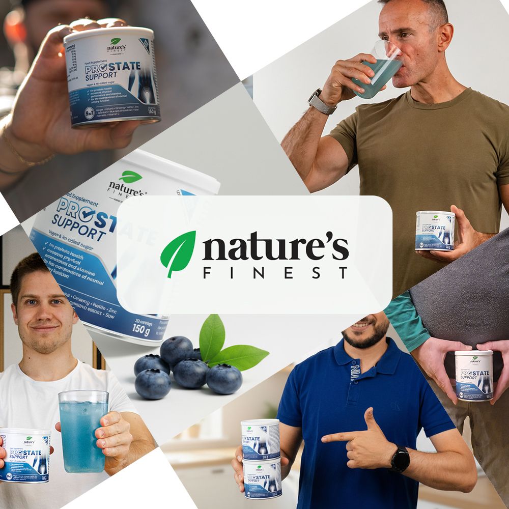 Collage : Hommes avec boîte Nature's Finest Prostate Support, verre, baies, logo.