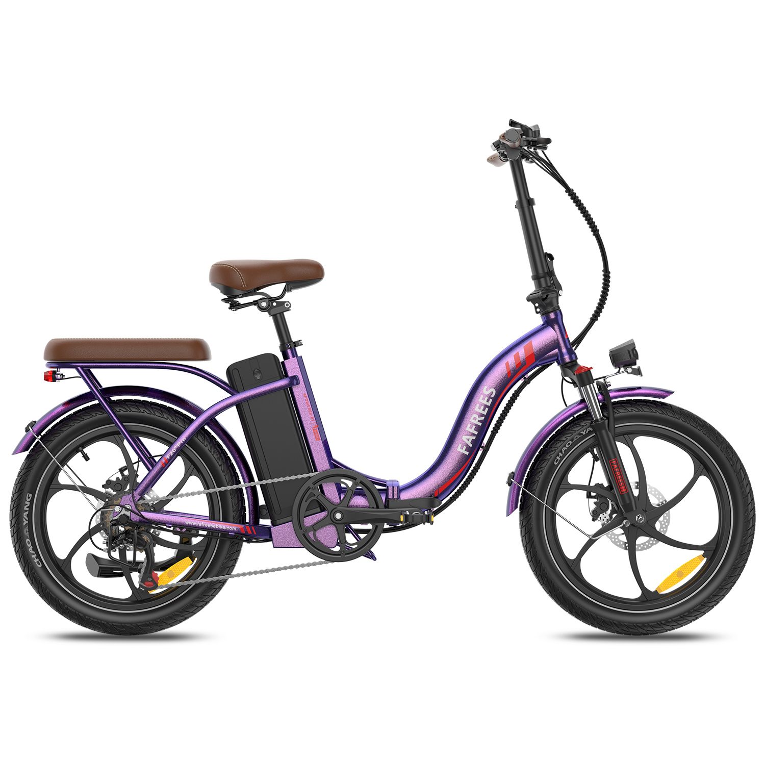 Vélo électrique pliable violet, selle et porte-bagages marron. Pneus, jantes et batterie noirs. Marque FAFREES.