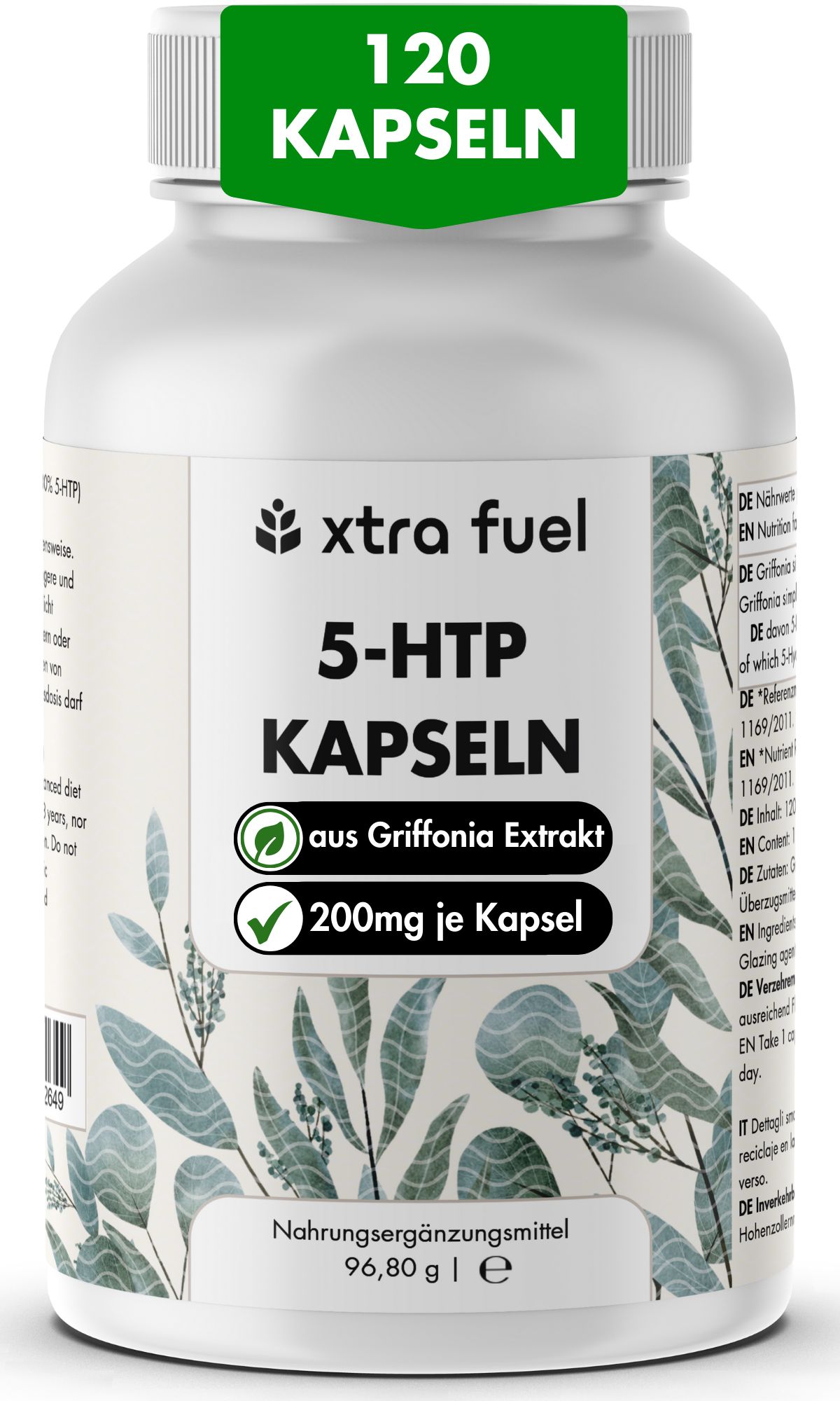 Flacon blanc avec étiquette verte. Inscription : Xtra Fuel, 5-HTP Kapseln, 120 capsules. 200mg par capsule. Extrait de Griffonia.