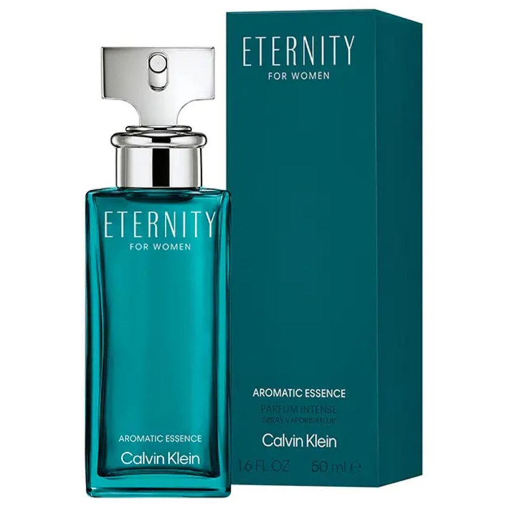 Turquoise fles en doos. Opschrift: Eternity for Women, Aromatic Essence, Calvin Klein. Fles met zilveren dop.