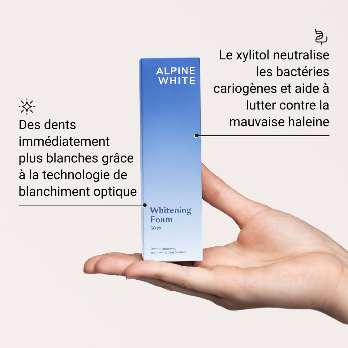 Main tenant une boîte avec "ALPINE WHITE Whitening Foam". Texte : 50 ml. Dents plus blanches.