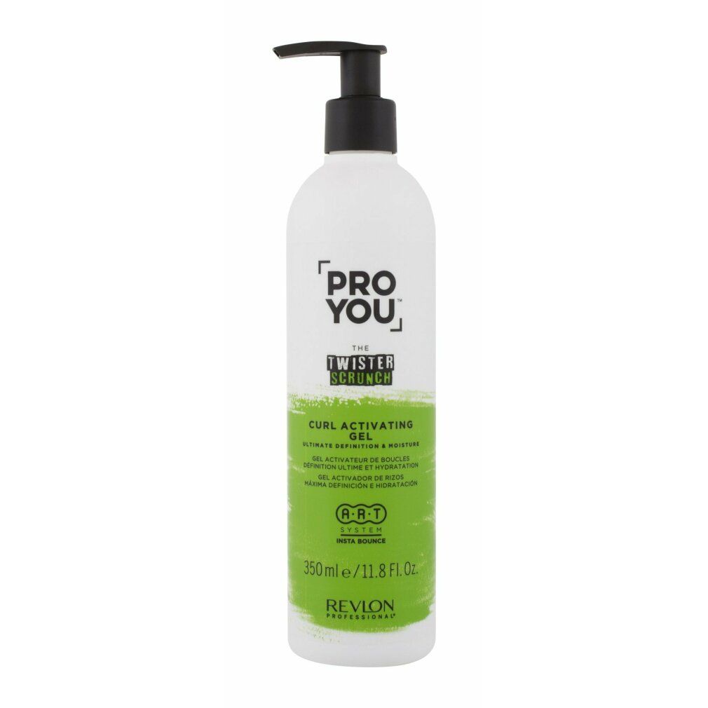 Flacon blanc avec pompe noire. Inscription: Pro You The Twister Scrunch Curl Activator Gel. Détails verts. 350ml.