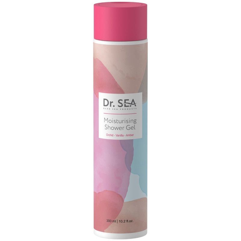 Cilindrische fles met roze dop. Opschrift: Dr. SEA, Moisturising Shower Gel, Orchidee & Vanille. 300 ml.