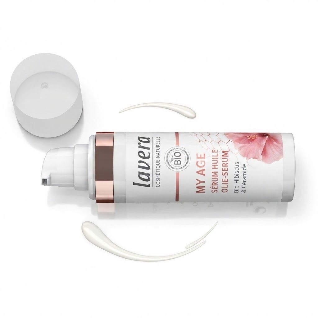 Flacon Lavera MY AGE Intensiv Öl-Serum avec pompe et bouchon ouvert.