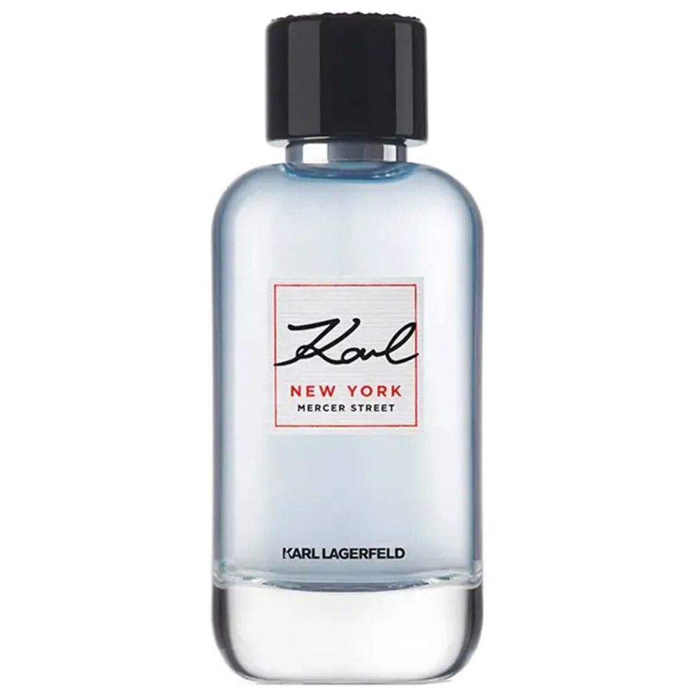 Flacon Karl Lagerfeld Eau de Toilette avec bouchon noir et étiquette 'Karl New York Mercer Street'.