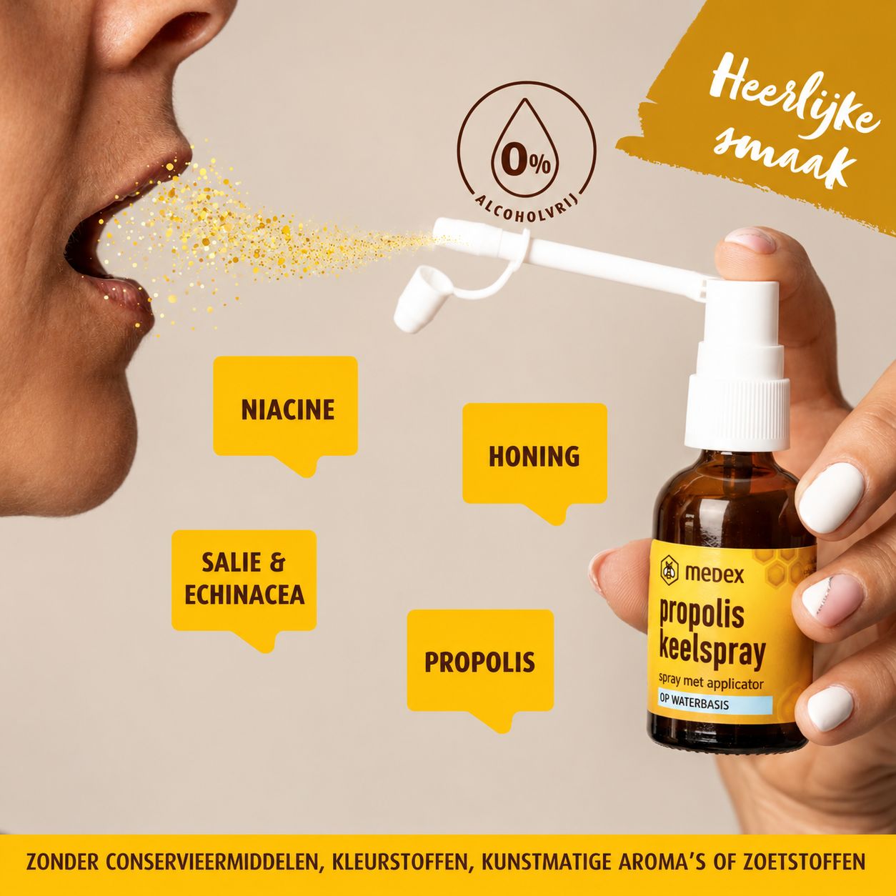 Medex Propolis Oral sprayfles en doos, op waterbasis, ingrediënten-symbolen.