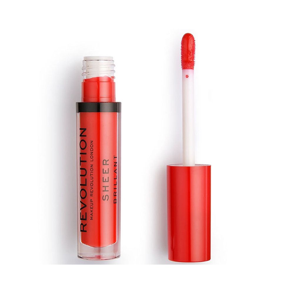 Gloss à lèvres transparent ouvert. Récipient rouge avec bague noire. Applicateur à pointe rouge. Marque: Makeup Revolution.