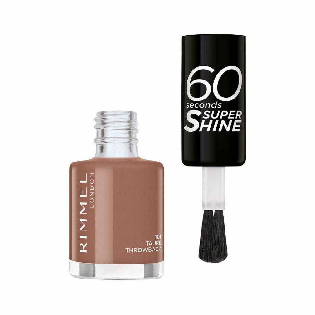 Nagellakfles met borstel. Kleur: taupe. Opschrift: Rimmel London, 60 Seconds Super Shine.