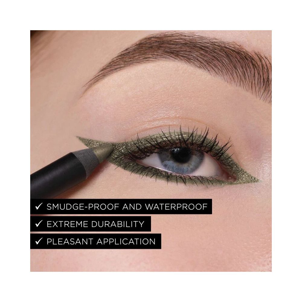 Œil avec eye-liner vert. Texte : Smudge-proof and waterproof, Extreme durability, Pleasant application. Artdeco Soft Eye Liner Waterproof.