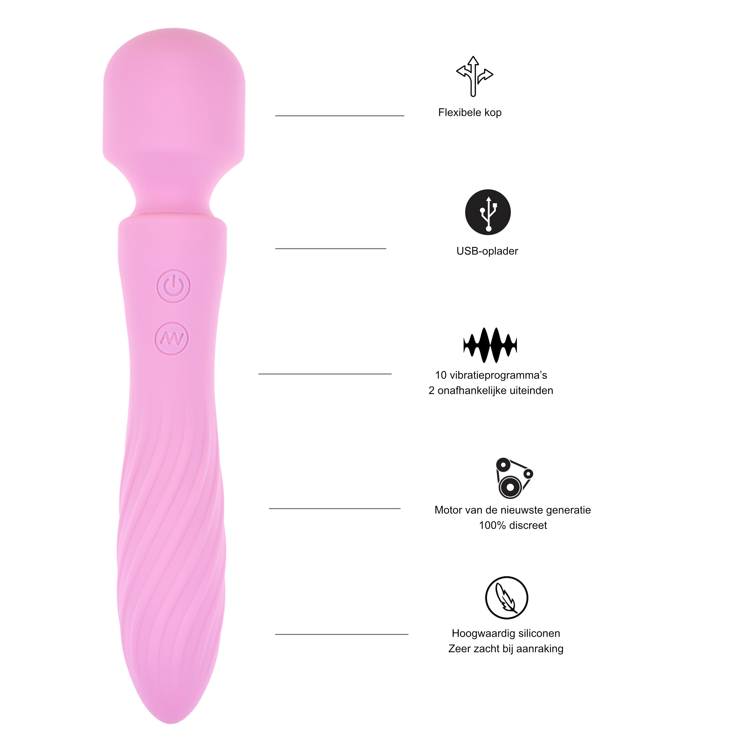 Roze vibrator met flexibele kop, USB-oplader, 10 vibratieprogramma's, discrete motor.