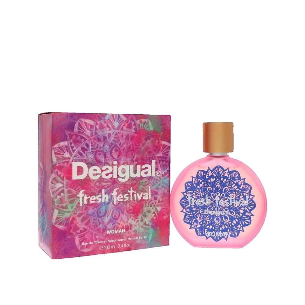 Flacon de parfum rose et boîte. Inscription : Desigual fresh festival. Flacon avec bouchon doré et motif mandala bleu. Boîte avec motif mandala.