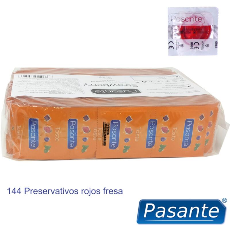 Emballage de préservatifs. Inscription "Pasante Strawberry". 144 pièces. Emballage rouge avec fraises.
