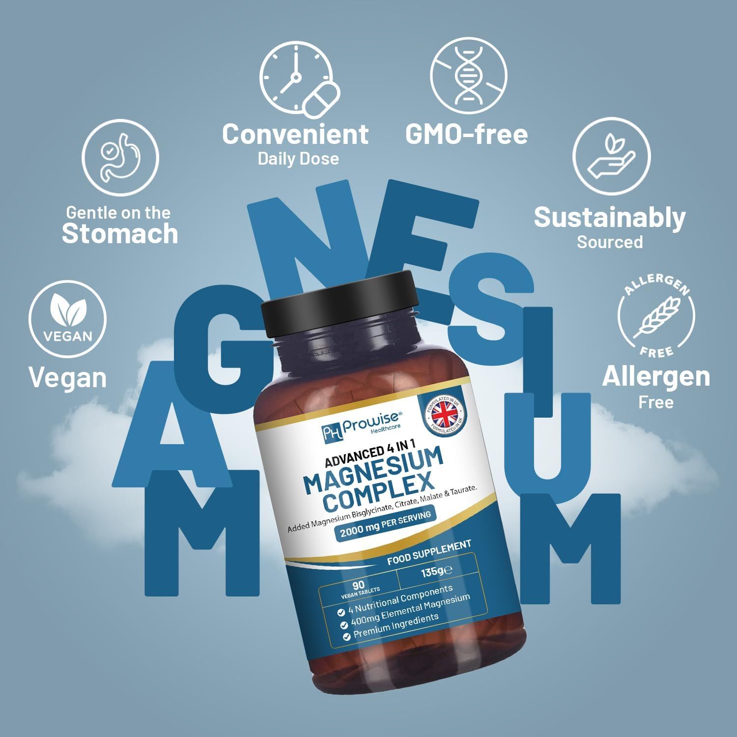 Bruine fles met capsules. Opschrift: Magnesium Complex. Vegan, GMO-vrij, allergeenvrij, duurzaam.