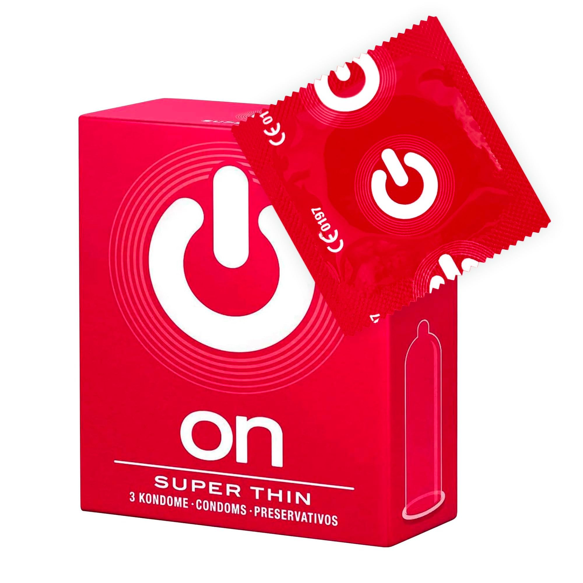 Boîte rouge de préservatifs ON Super Thin. Contient trois préservatifs. Logo ON et sceau CE visibles.
