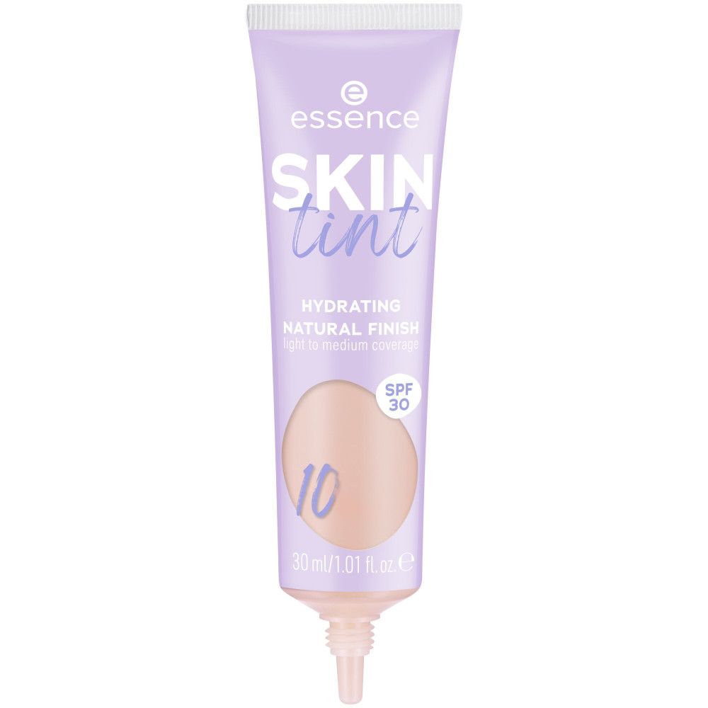 Tube lilas Essence Skin Tint Foundation. Texte: Hydrating Natural Finish, SPF 30, teinte 10. 30 ml.