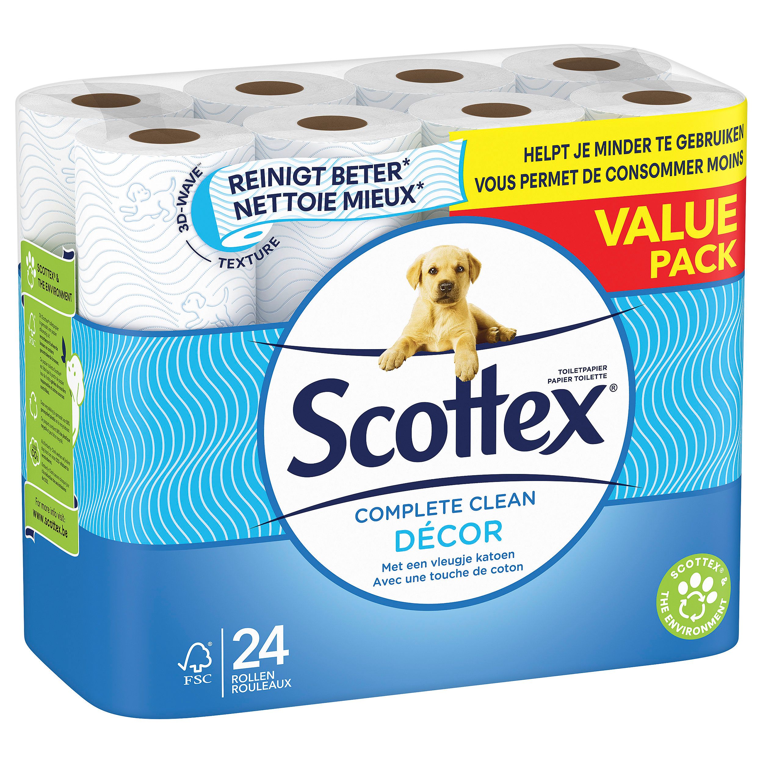 Paquet de 24 rouleaux de papier toilette Scottex Décor. Emballage bleu avec logo, chiot et désignation du produit.