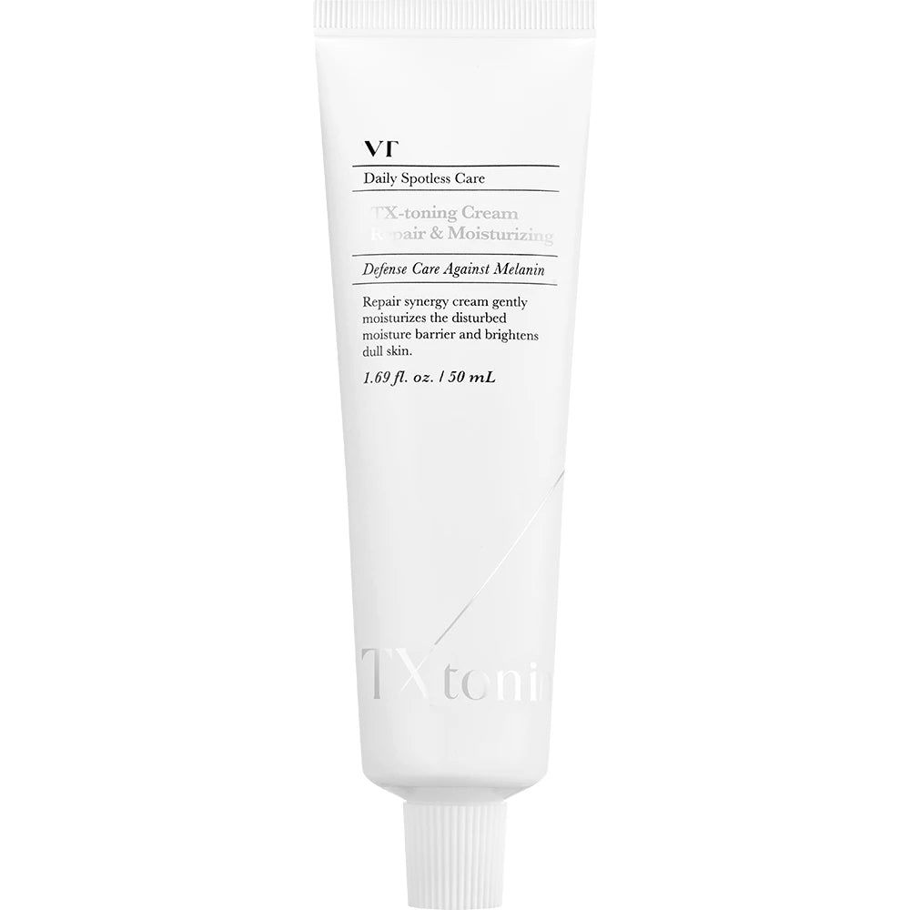 Tube blanche de crème TX-Toning. Nom du produit, marque et informations imprimés. Le bouchon est blanc.