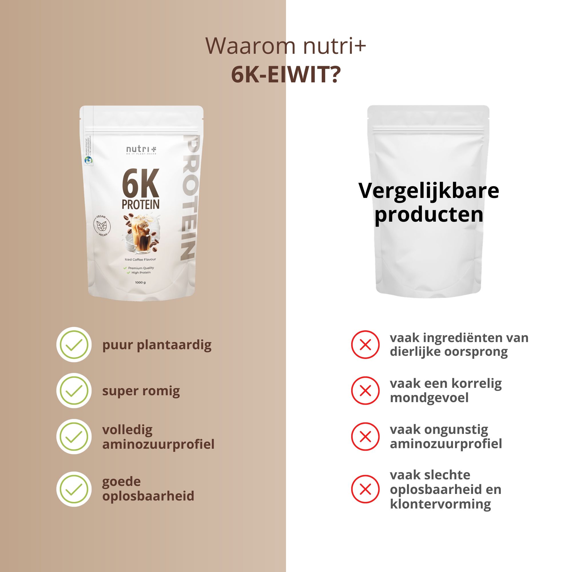 Italiaanse infografiek: Eiwit 6K poeder, kenmerken zoals vegan, lactosevrij, zonder toegevoegde suiker.