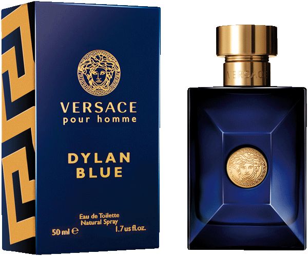Flacon de parfum bleu avec bouchon doré et logo. Emballage noir avec logo et nom du produit.