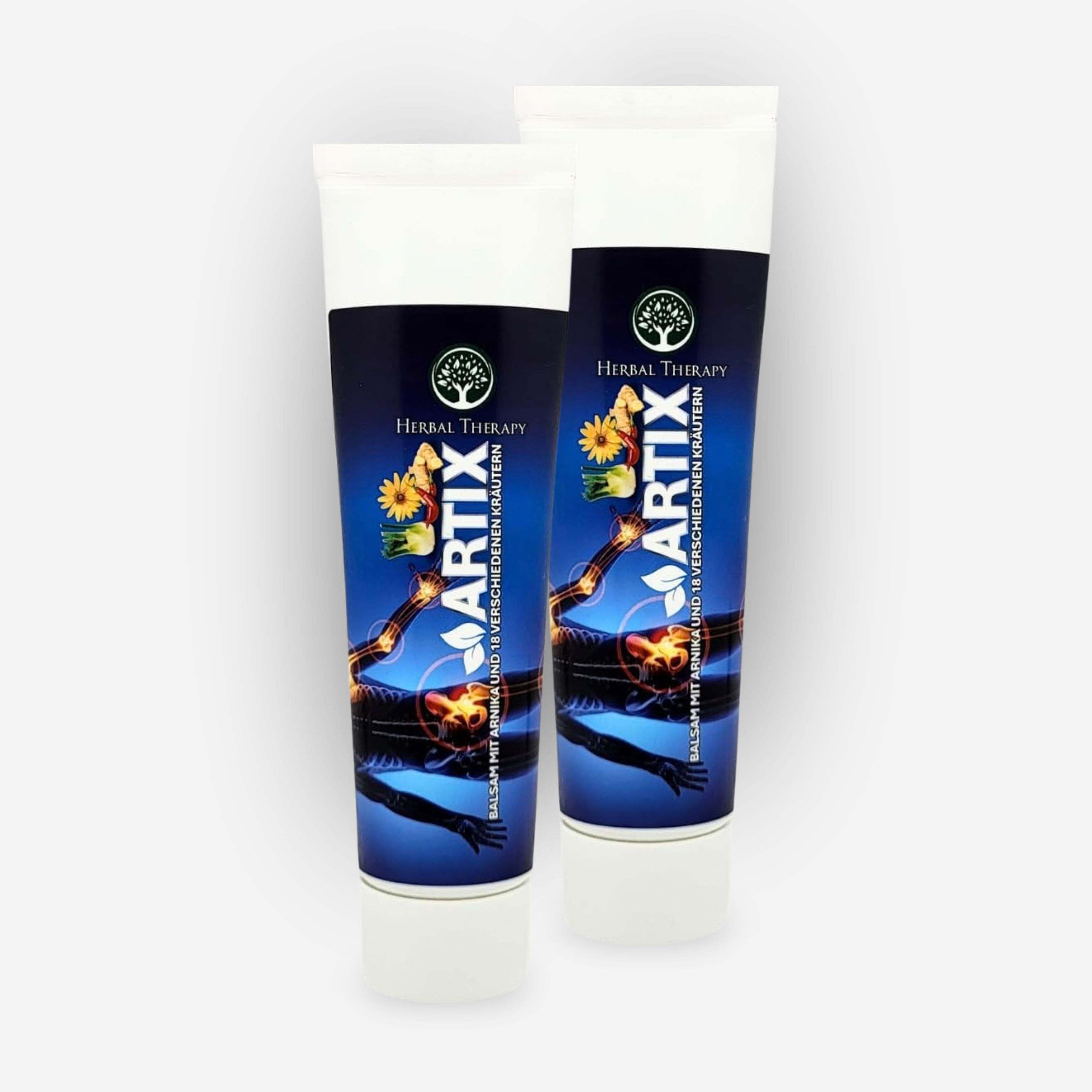 Deux tubes du baume Artix à l'arnica et 18 herbes. L'emballage montre une silhouette humaine avec des articulations douloureuses.
