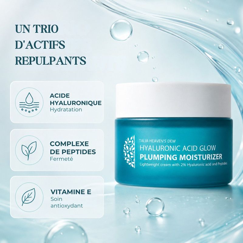 Un pot de Hyaluronic Acid Glow Plumping Moisturizer. Le texte souligne l'hydratation intense, la texture lisse et l'éclat.