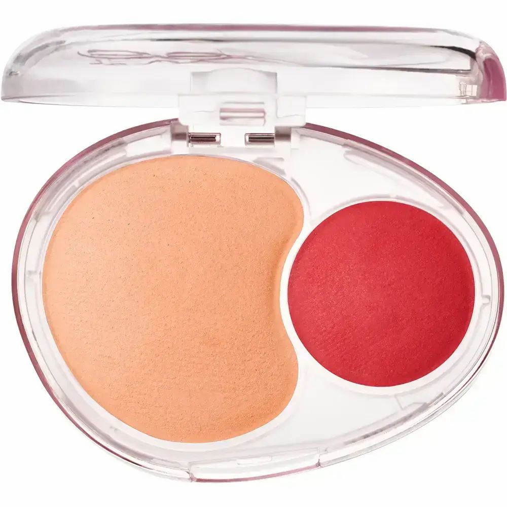 Tweekleurige blush, ovaal, met twee tinten: perzik en rood. Transparante verpakking met klapdeksel.
