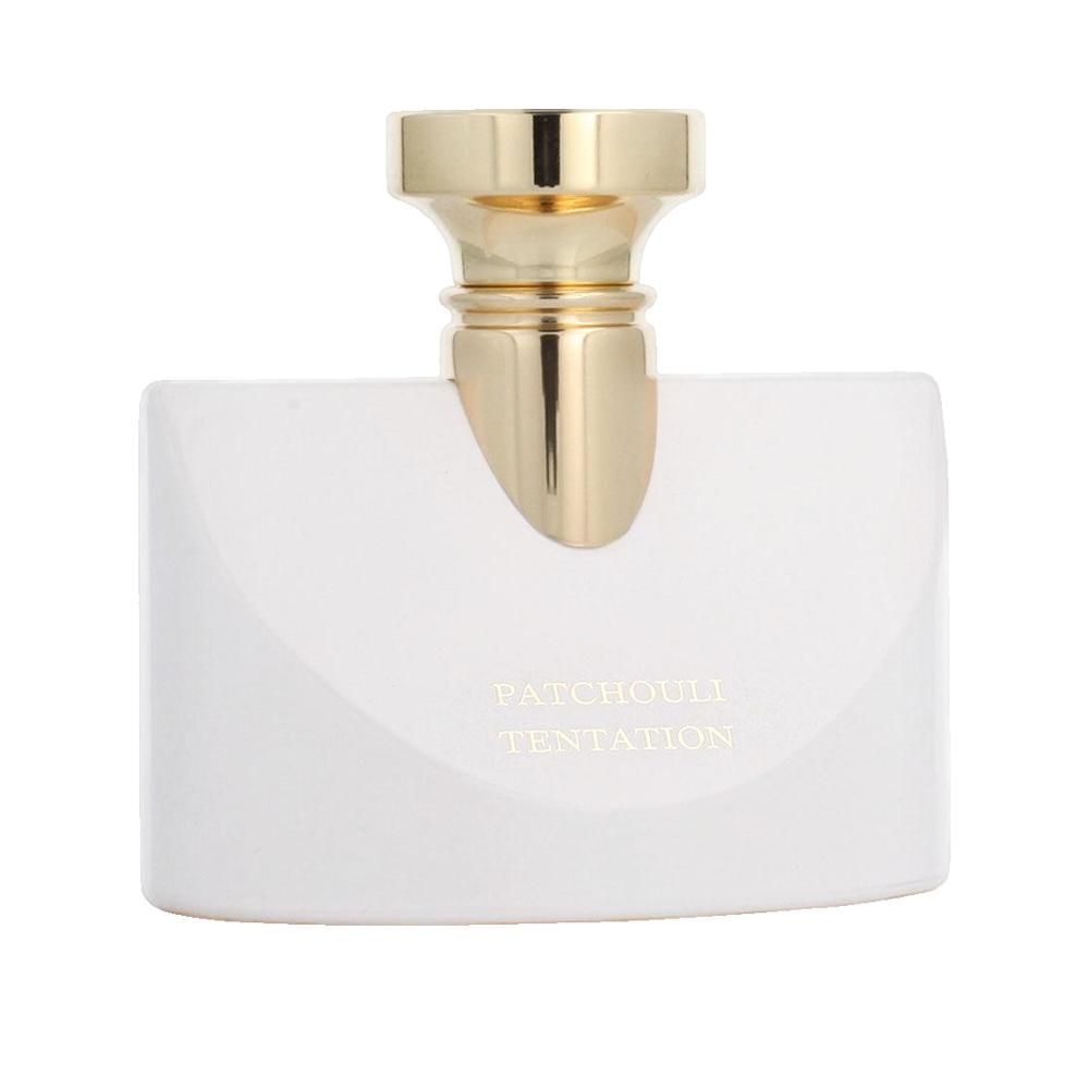 Witte flacon met gouden dop. Opschrift "Patchouli Tentation".
