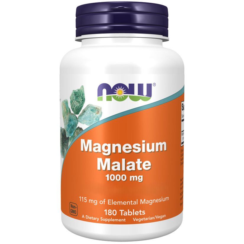Witte fles met blauwe dop. Opschrift: Magnesium Malate 1000 mg. 180 tabletten. Merk: NOW.