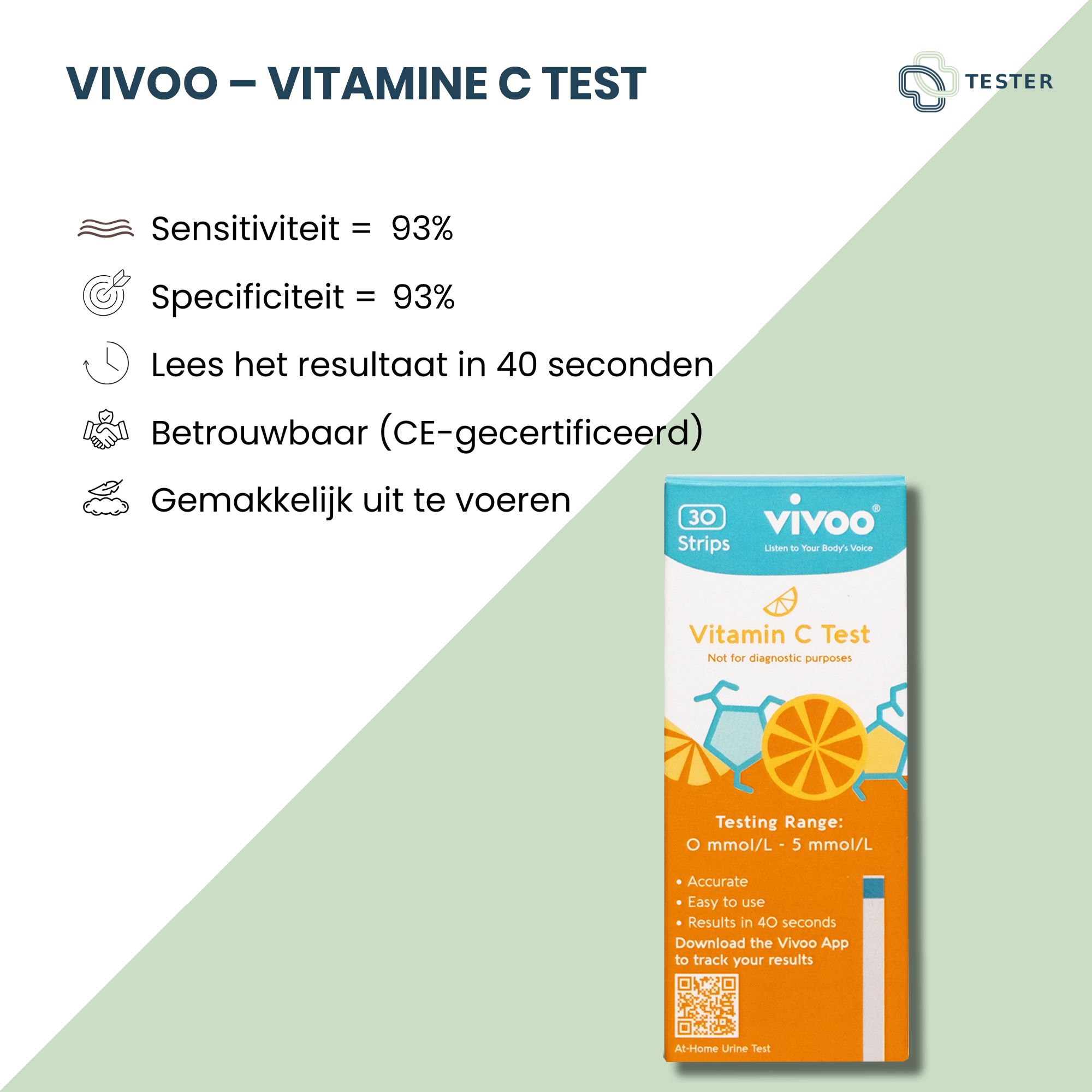 Test de vitamine C Vivoo. Boîte de 30 bandelettes. Informations produit et logo Tester. Texte: Résultats en 40 secondes.
