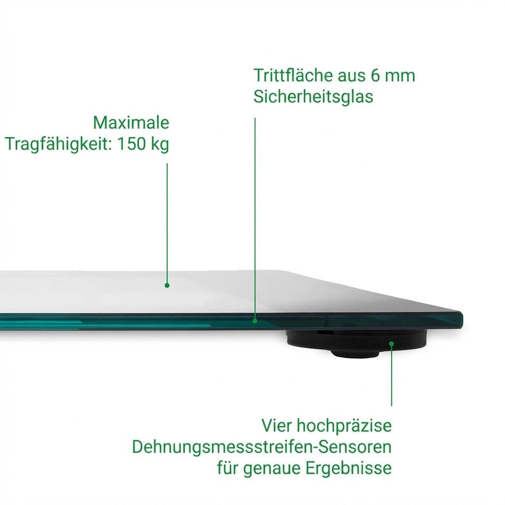 Gedetailleerd zicht op een glazen weegschaal: 6 mm veiligheidsglas, 150 kg draagvermogen, 4 sensoren.