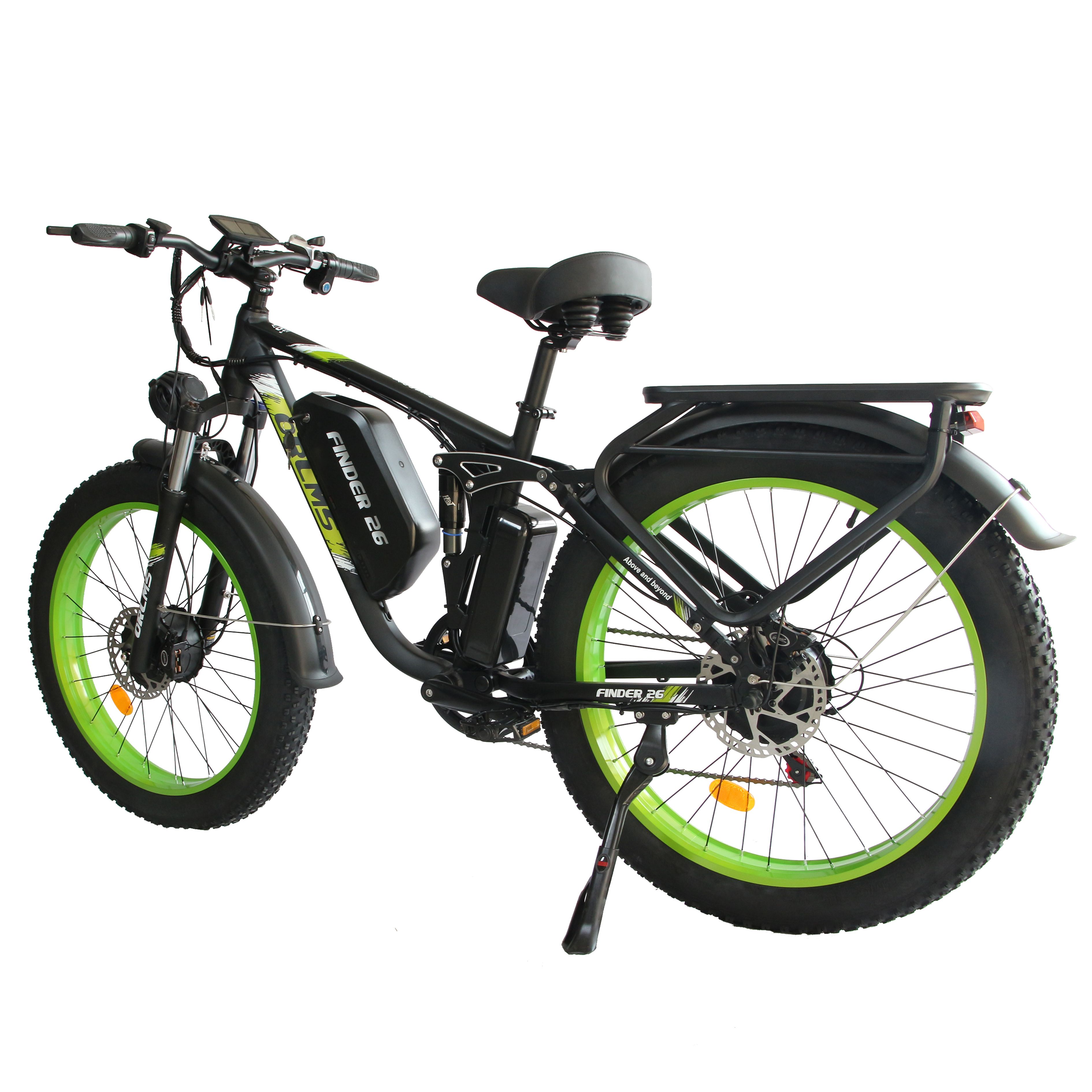 VTT électrique ORLMS Finder 26. Noir, jantes vertes. Batterie sur cadre. Porte-bagages. Béquille.