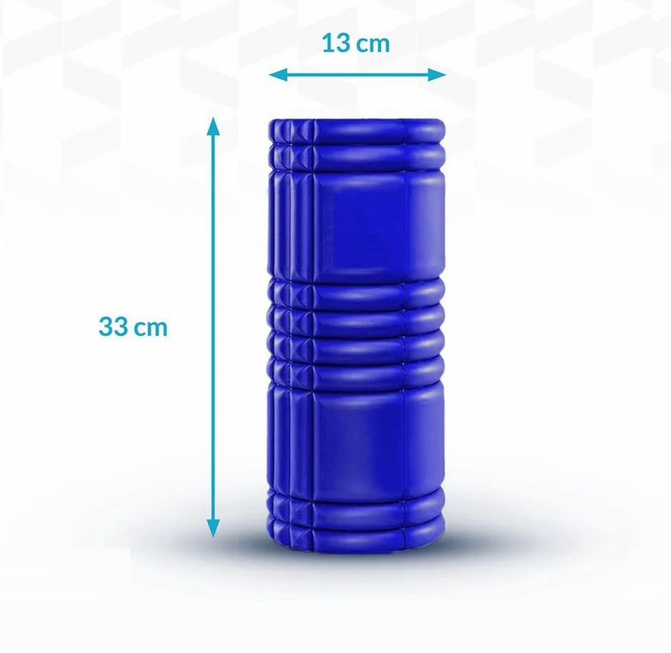 Rouleau en mousse bleu. Dimensions : 33 cm de haut, 13 cm de large. Surface rainurée.