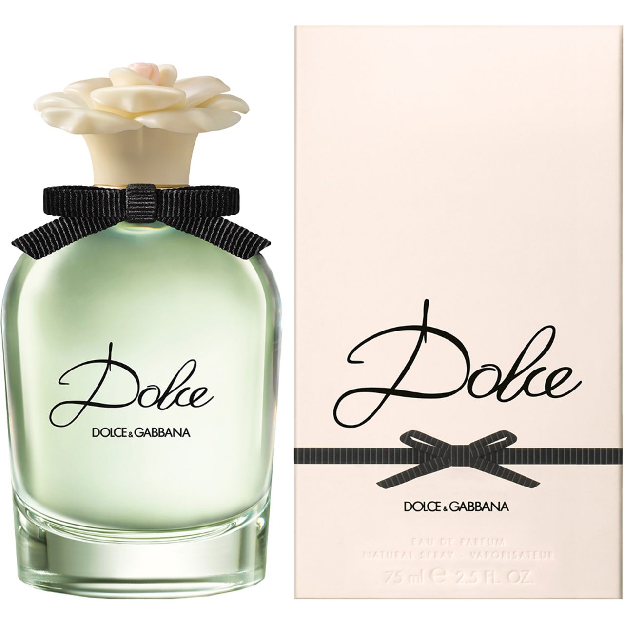 Flacon de parfum avec fleur blanche, nœud noir et inscription Dolce. Emballage avec inscription Dolce et nœud.