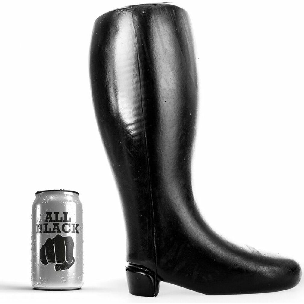 Zwarte dildo in laarsvorm. Daarnaast een blikje met de tekst "ALL BLACK" en een vuistsymbool.