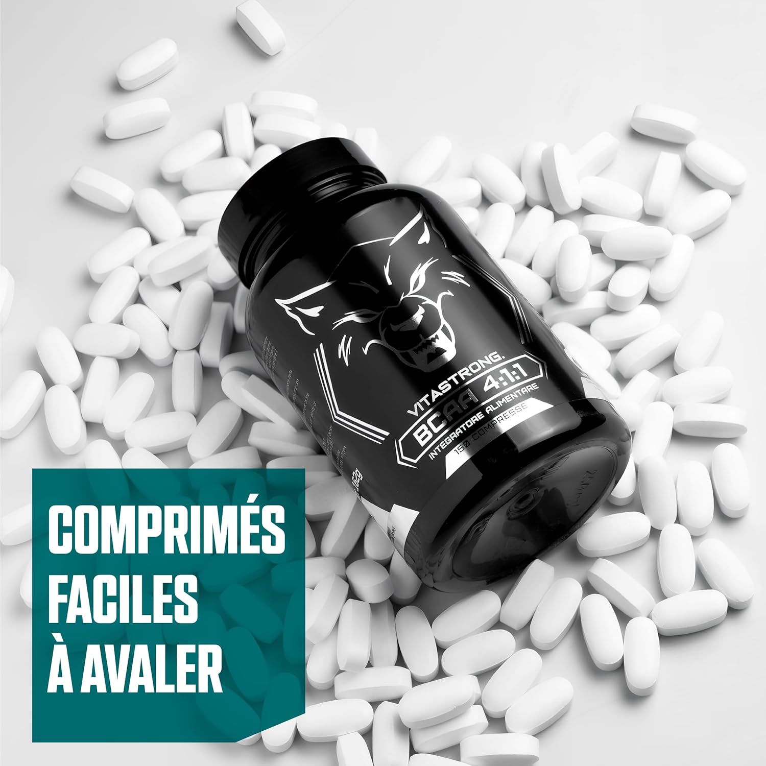Vitastrong BCAA 4:1:1, 150 tabletten. Tabletten rond de fles. Zwart-wit opname.