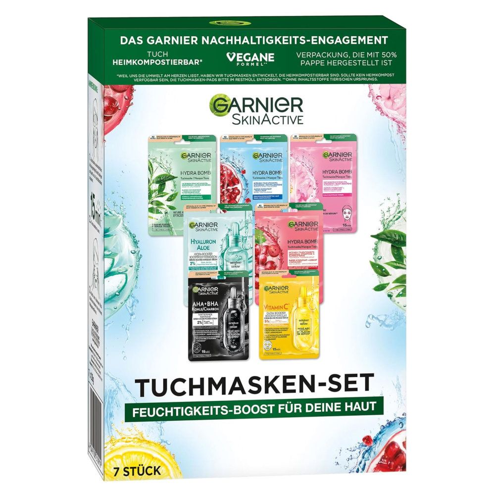 Coffret de masques en tissu Garnier SkinActive avec 7 masques. Emballage : Engagement durable, vegan, compostable. Texte : Boost d'hydratation.