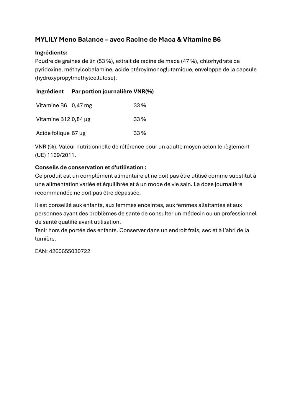 Texte avec ingrédients et informations nutritionnelles de MYLILY Meno Balance avec Maca & Vitamine B6.