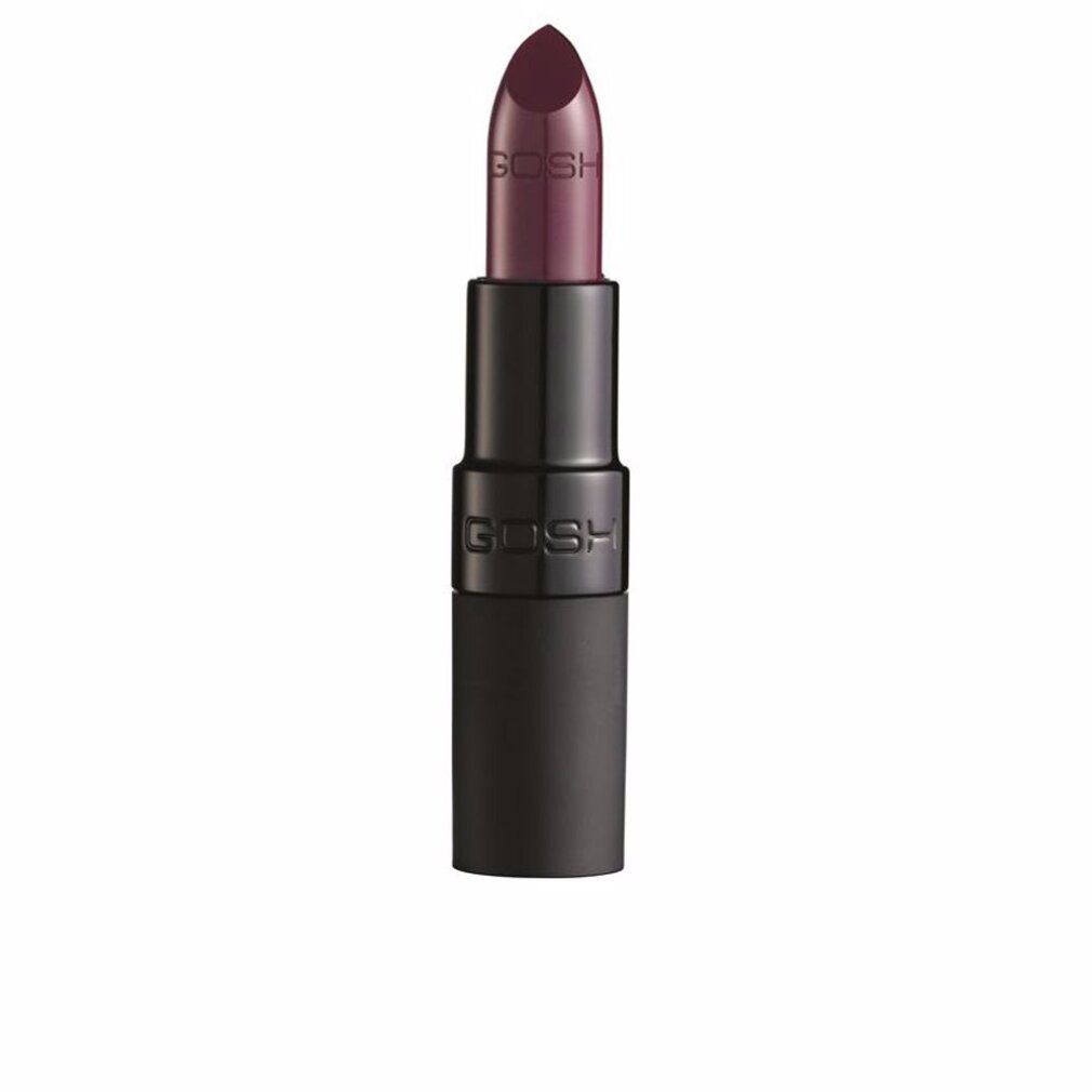 Rouge à lèvres prune foncé dans un étui noir. Le mot "GOSH" est visible sur l'emballage.