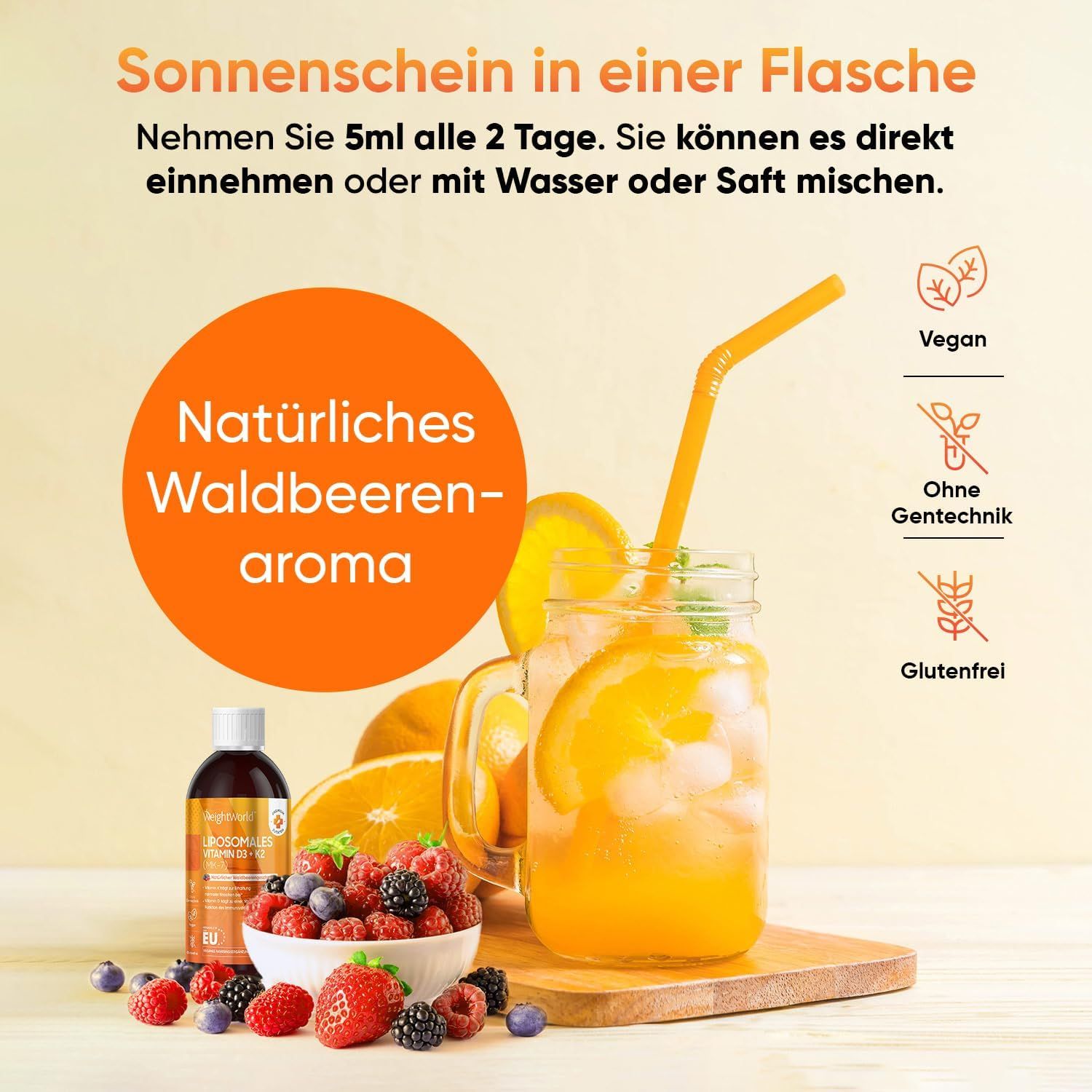 Verre avec liquide, fruits et bouteille. Arôme naturel de fruits des bois. Végétalien, sans OGM, sans gluten. 5 ml tous les 2 jours.