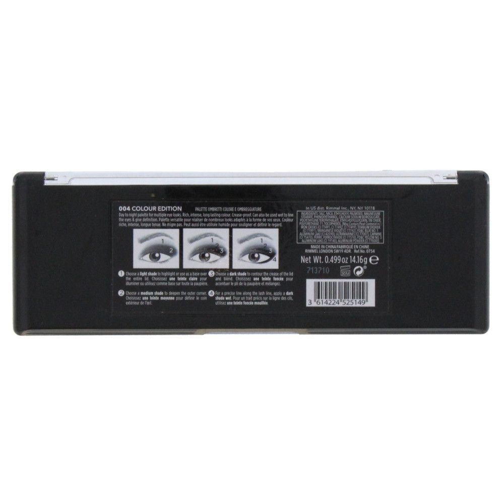 Palette de fards à paupières Rimmel Magnif'Eyes noire. Informations produit et code-barres au dos. Poids net : 14,3g.