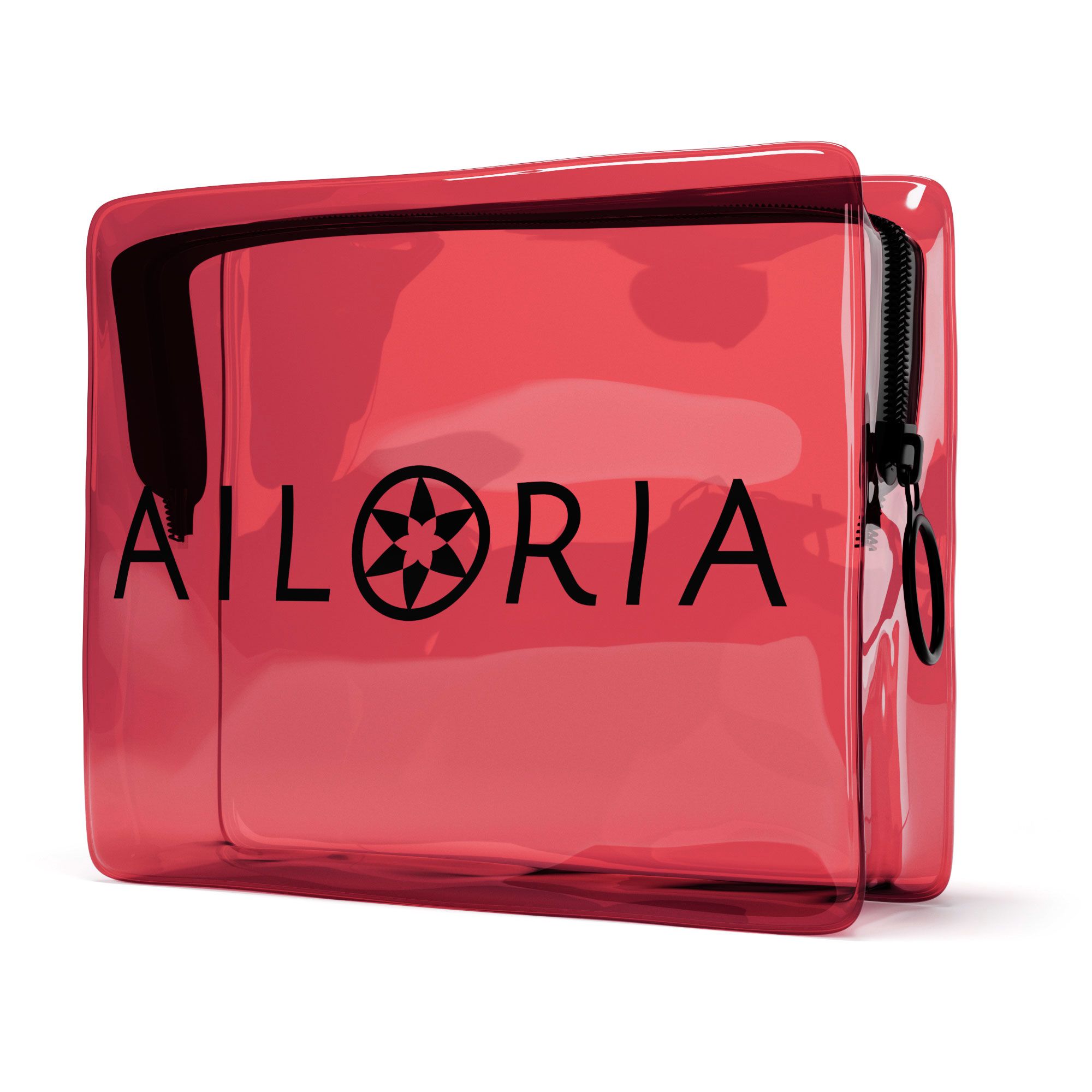 Pochette rouge transparente avec logo AILORIA et fermeture éclair. Écriture noire.