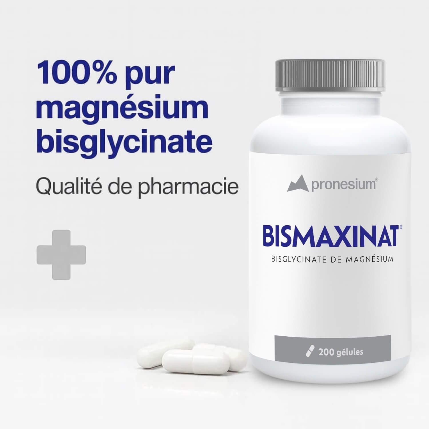 Flacon blanc de gélules. Inscription : BISMAXINAT, Magnesiumbisglycinate. 200 gélules.