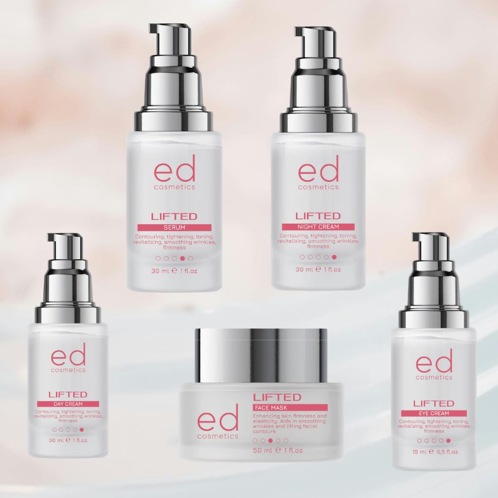 Différents produits ed cosmetics. Flacons et pots. Texte: LIFTED, Sérum, Crème de nuit, Crème pour les yeux, Masque facial.